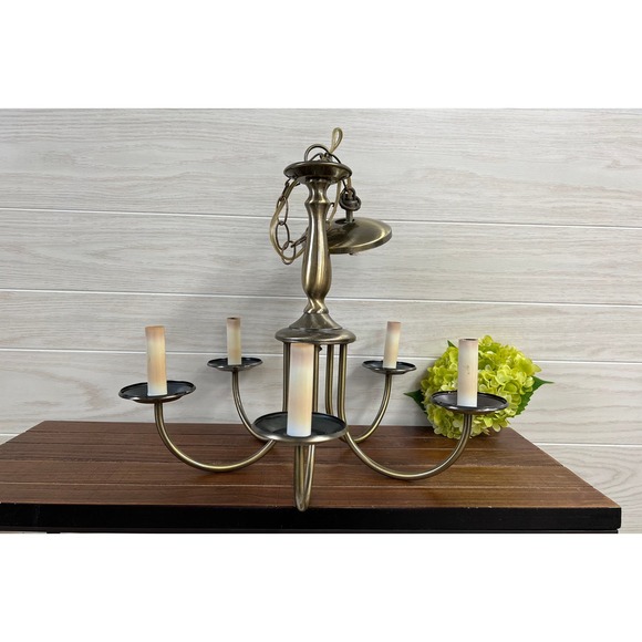 Vintage Contemporary Minimalist Brass Finish 5-arm Chandelier - Picture 2 of 8